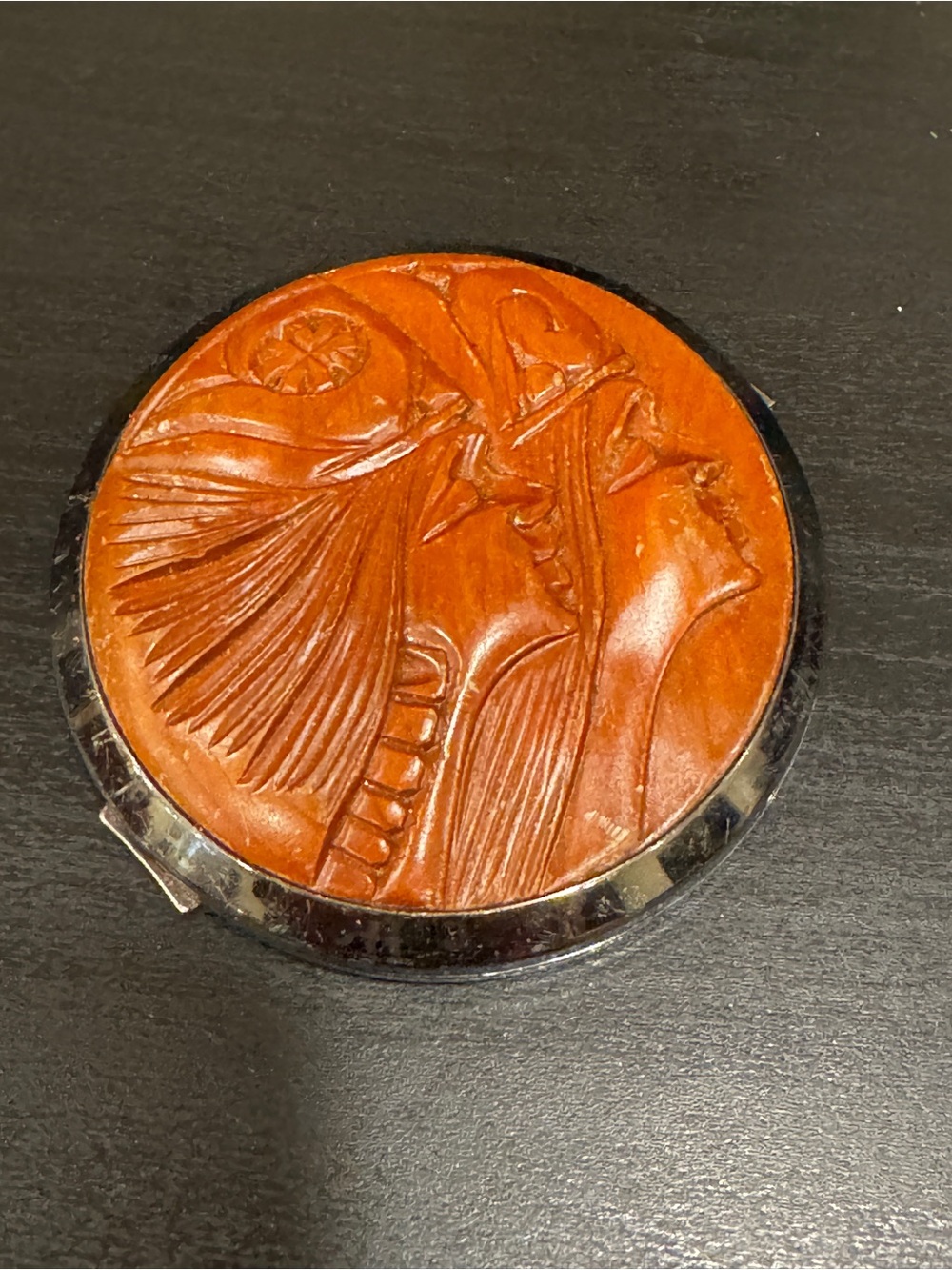 vintage MCM hand-carved wooden compact mirror